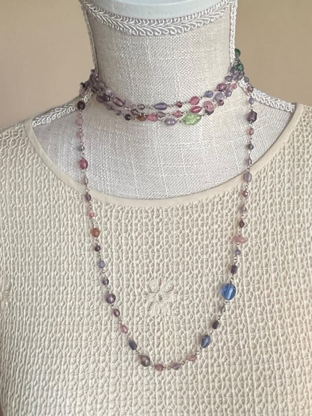 Aeropostale Extra Long Multicolor Glass Station Bead Layering Necklace